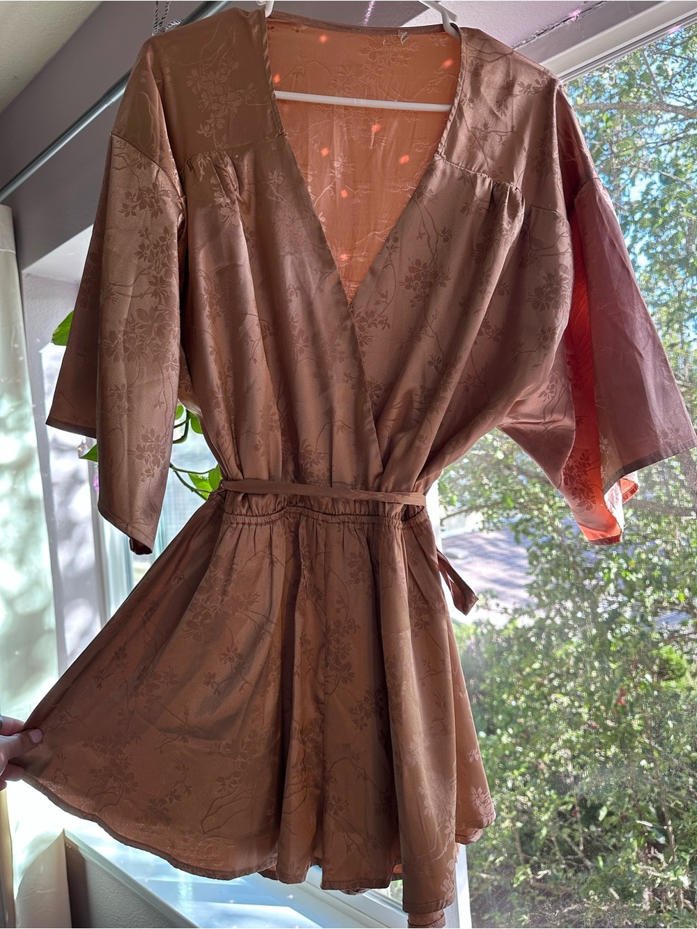 Silky Floral Jacquard Kimono Robe Romper